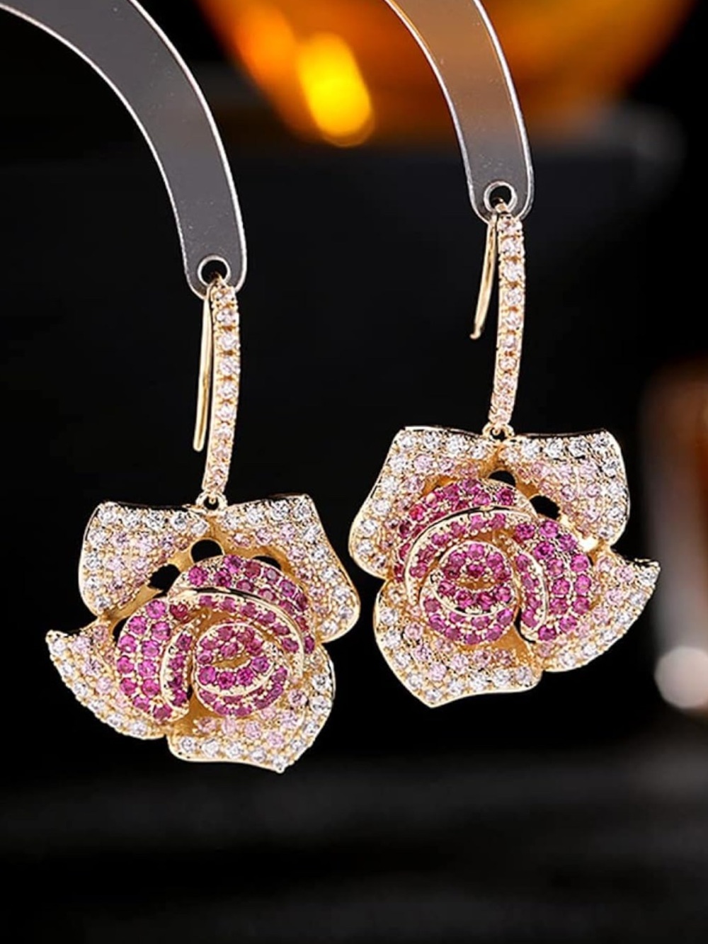 Luxury Pink Rose Crystal Drop Earrings - Unbranded Gold Tone